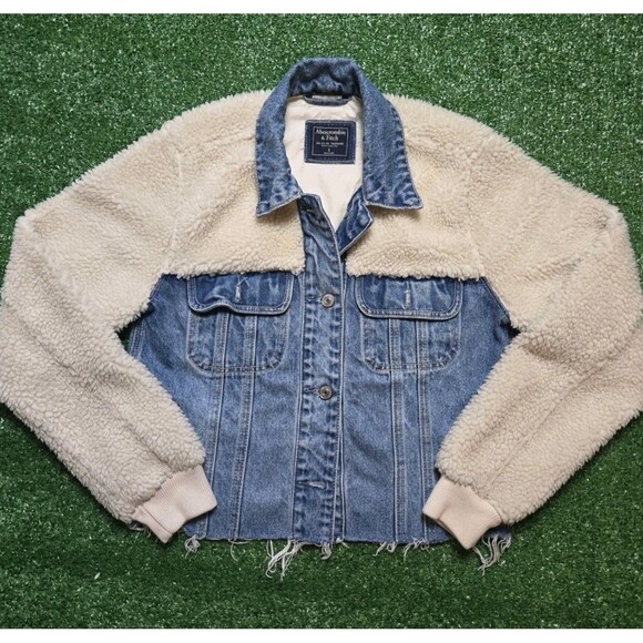 Abercrombie & Fitch Sherpa Denim Jean Jacket Crop (Women's S) - Picture 1 of 14
